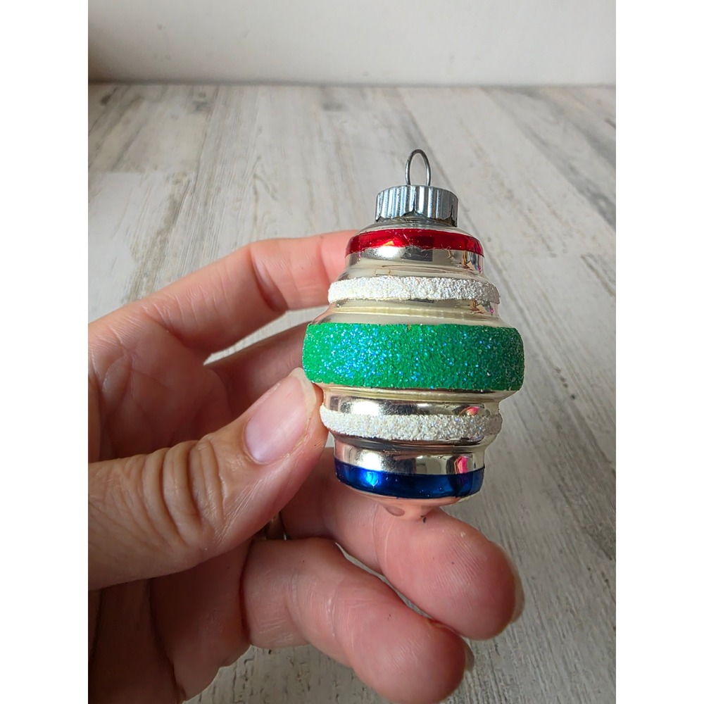 Vintage shiny Brite glitter green Micah barrel torpedo ornament glass Xmas tree
